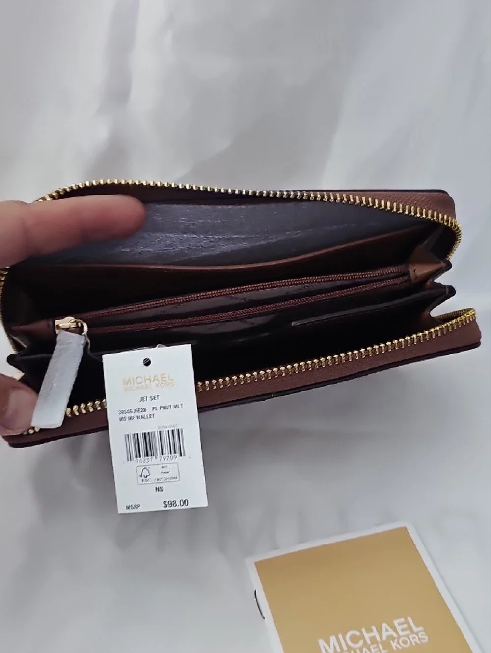 Michael Kors Brown MK Monogram Zip Wallet with Gold Hardware